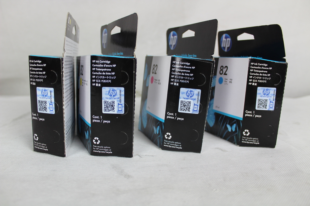 Image of 4 Genuine HP 82 ink cartridges 1 x Magenta, 1 x Cyan, 2 x yellow,