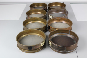Thumbnail image of 8 Laboratory Test Sieves, Brass, ass size microns 21 cm diameter x 7 cm depth
