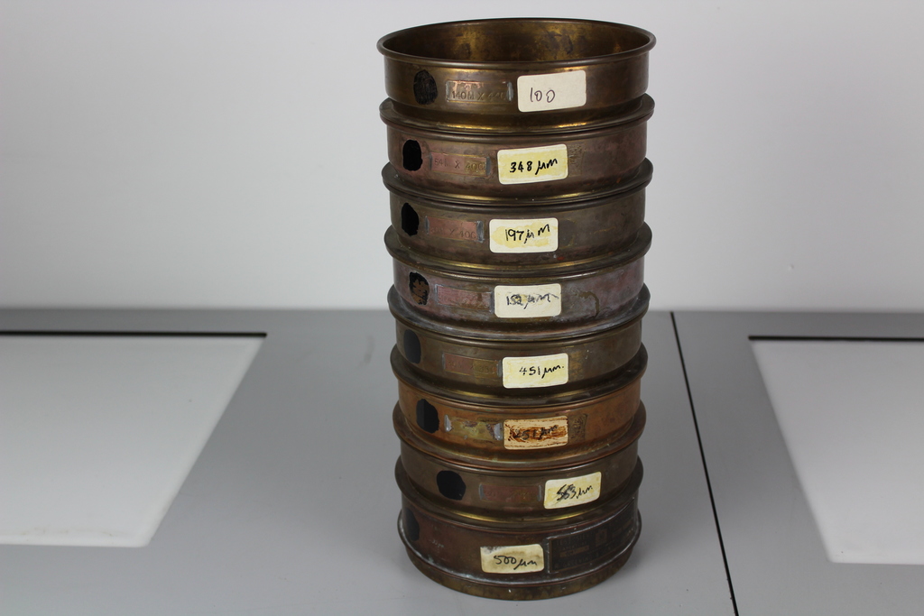 Image of 8 Laboratory Test Sieves, Brass, ass size microns 21 cm diameter x 7 cm depth