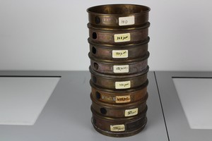Thumbnail image of 8 Laboratory Test Sieves, Brass, ass size microns 21 cm diameter x 7 cm depth