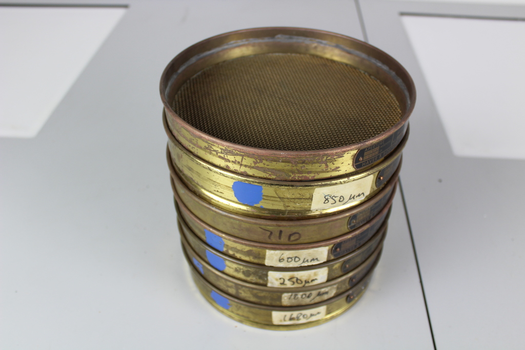 Image of 7 Brass Laboratory Test Sieves, 20.5 cm diameter x 4 cm height ass size microns