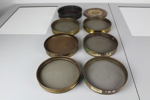Thumbnail image of 6 Brass Laboratory Test Sieves +1 lid & 1 base 20.5 x 4 cm ass size microns
