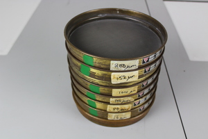 Thumbnail image of  6 Brass Laboratory Test Sieves +1 base,  Each sieve is 20.5  x 4 cm ass microns