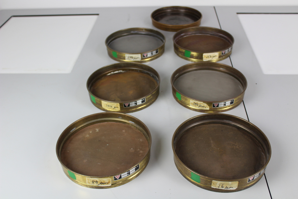 Image of  6 Brass Laboratory Test Sieves +1 base,  Each sieve is 20.5  x 4 cm ass microns