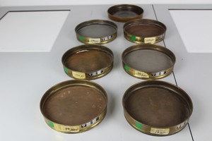 Thumbnail image of  6 Brass Laboratory Test Sieves +1 base,  Each sieve is 20.5  x 4 cm ass microns