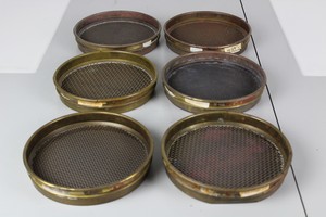 Thumbnail image of 6 Endecotts Brass Laboratory Test Sieves 21 x 4 cm ass size microns