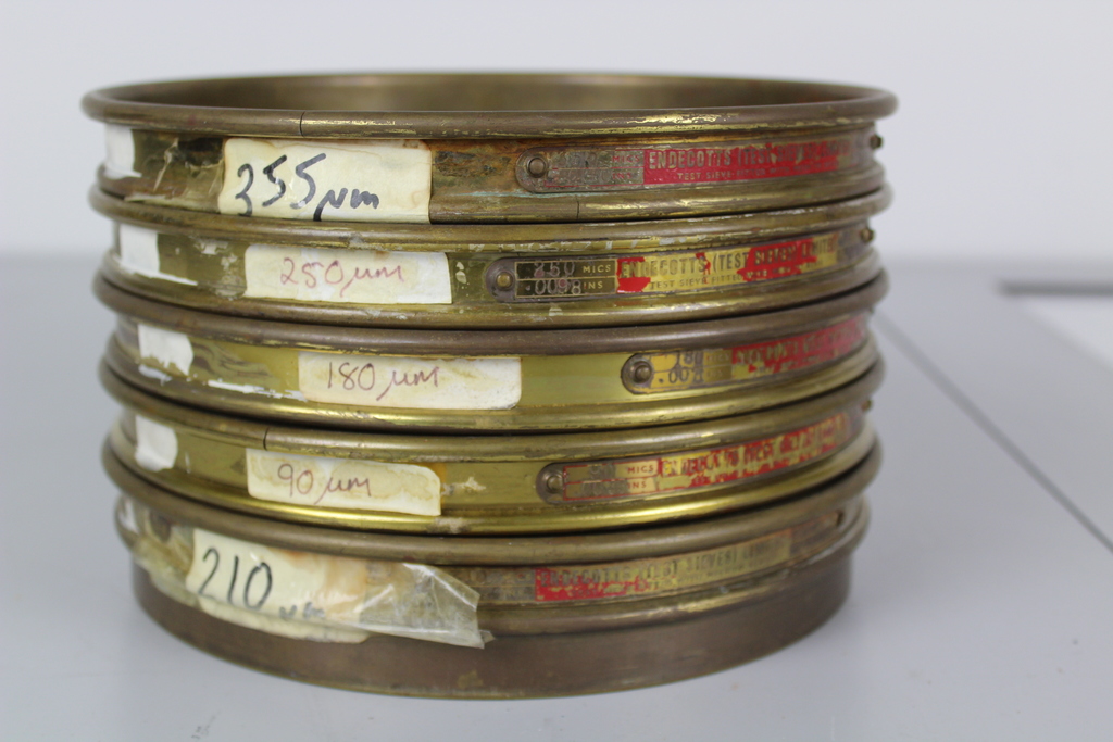 Image of 5 Endecott Brass Laboratory Test Sieves, 21 cm x 4 cm ass size microns