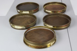 Thumbnail image of 5 Endecott Brass Laboratory Test Sieves, 21 cm x 4 cm ass size microns
