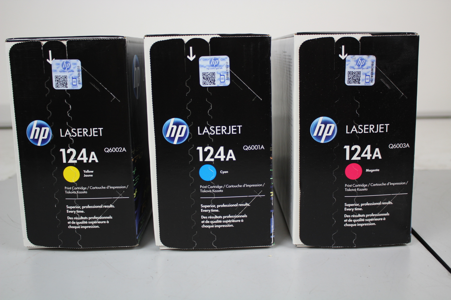 Image of 3 HP Laserjet 124A Toner Printer Cartridges Cyan Yellow Magenta New Sealed