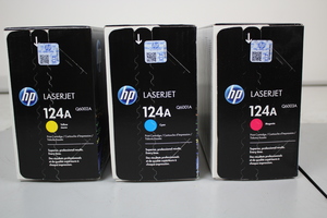 Thumbnail image of 3 HP Laserjet 124A Toner Printer Cartridges Cyan Yellow Magenta New Sealed