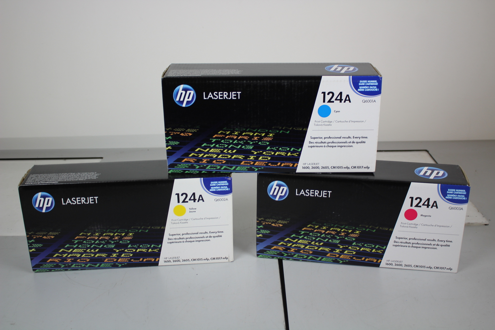 Image of 3 HP Laserjet 124A Toner Printer Cartridges Cyan Yellow Magenta New Sealed