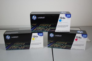 Thumbnail image of 3 HP Laserjet 124A Toner Printer Cartridges Cyan Yellow Magenta New Sealed