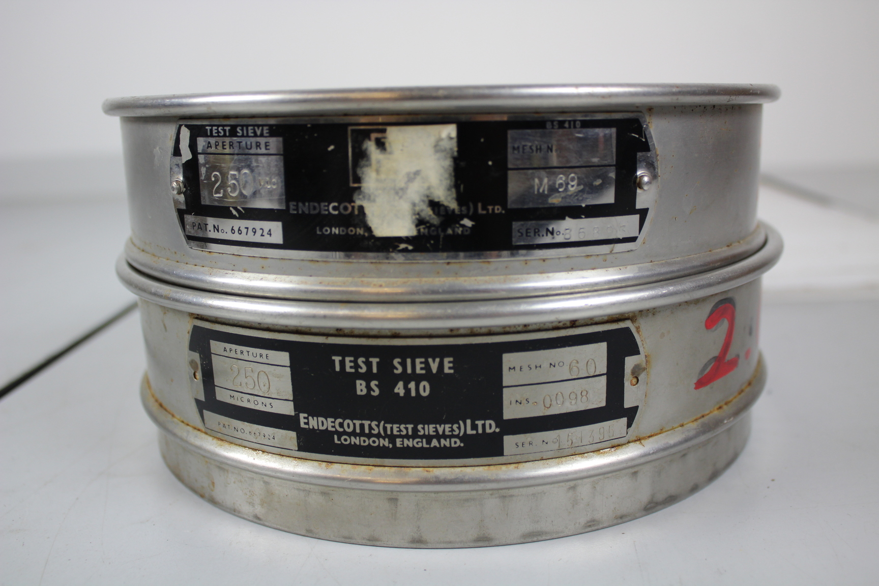 Image of Job Lot of 6 Endecotts Laboratory Test Sieves Mesh 52 60 75, 200 250 300 microns