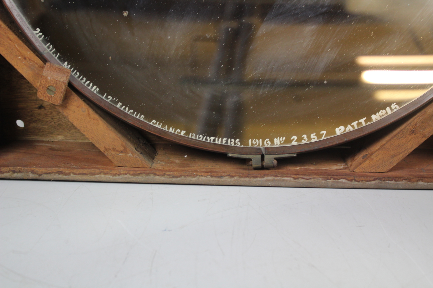 Image of Antique Large (51cm) Concave Mirror 1916 Chance Brothers Industrial Vintage