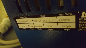 Thumbnail image of Lenton Tube Furnace Lab LTF 14/250/610 1400C, 9000W, 3-Phase