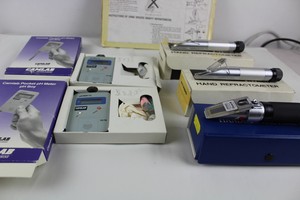 Thumbnail image of Lot of 3 x Atago Hand Refractometer + 2 x Camlab Pocket pH Meter