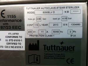 Thumbnail image of Tuttnauer Vertical Laboratory Autoclave 5050ELV D Steriliser Lab 110L Faulty