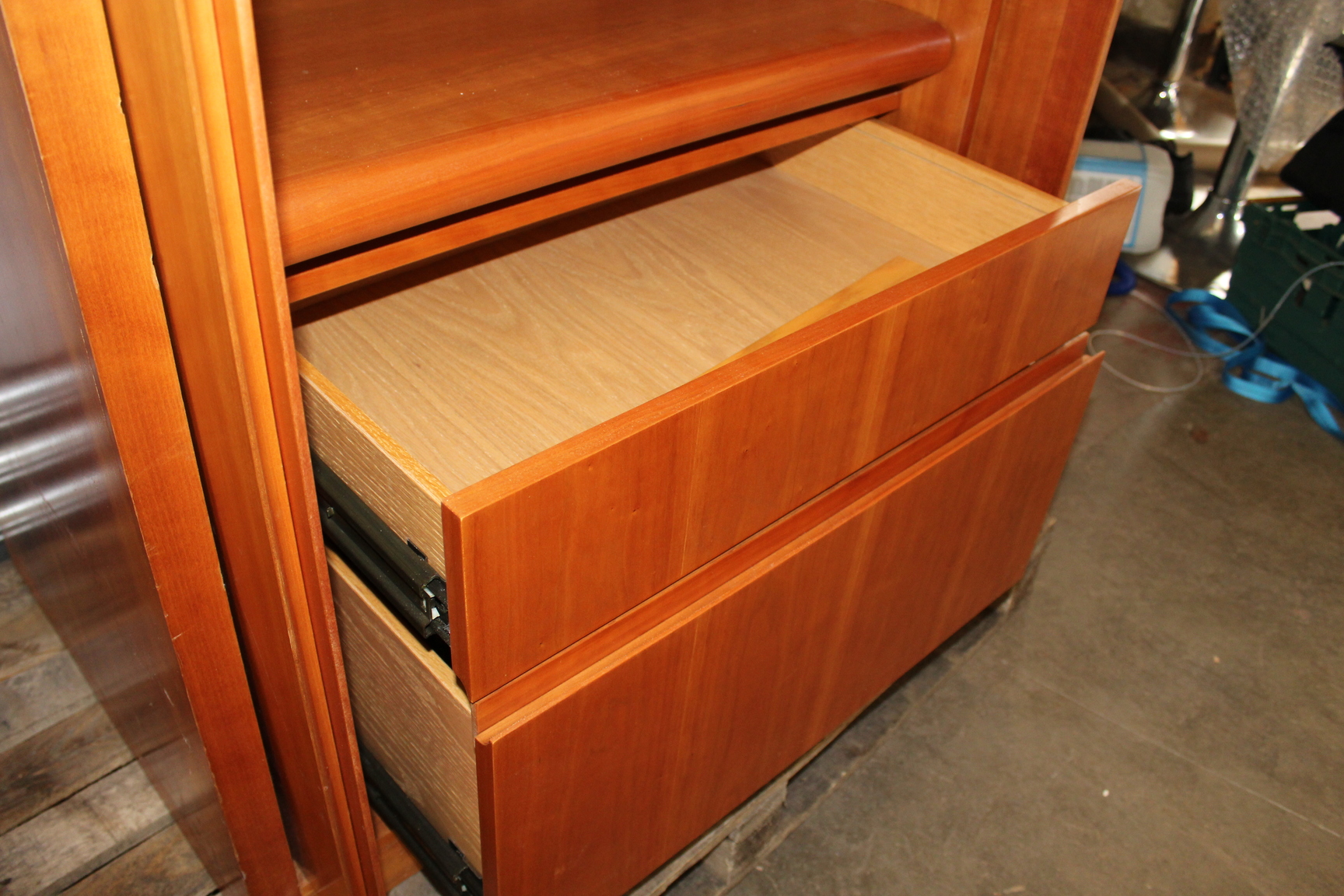 Image of Authentic Varnished Cherry Wood Cabinet With Sliding Doors And Shelves