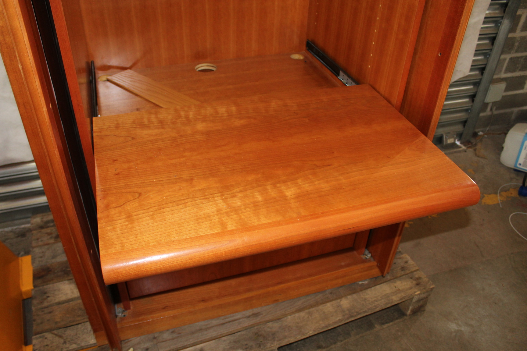 Image of Authentic Varnished Cherry Wood Cabinet With Sliding Doors And Shelves