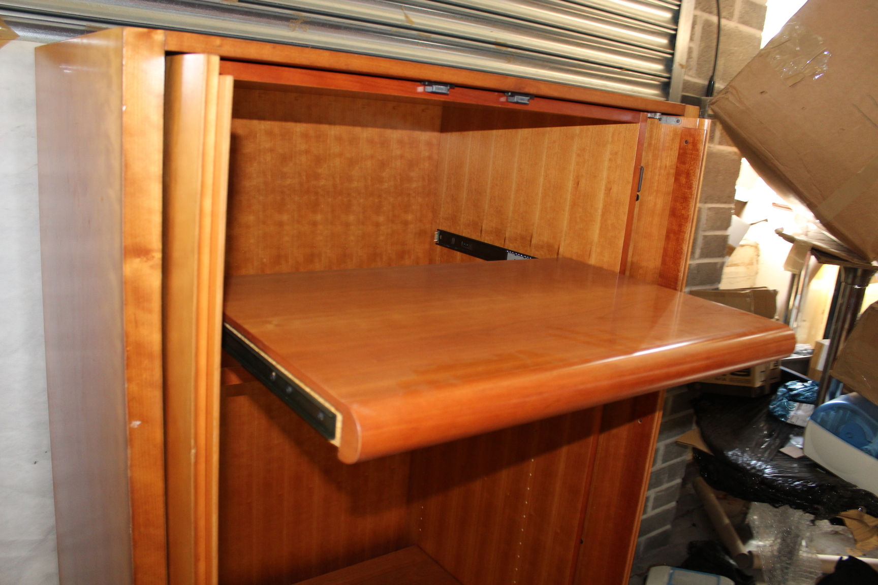 Image of Authentic Varnished Cherry Wood Cabinet With Sliding Doors And Shelves