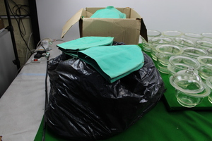 Thumbnail image of Job Lot of Dessicating Equipment 43 Glass Jars 6 Lids 4 Black Bags Cork & Covers