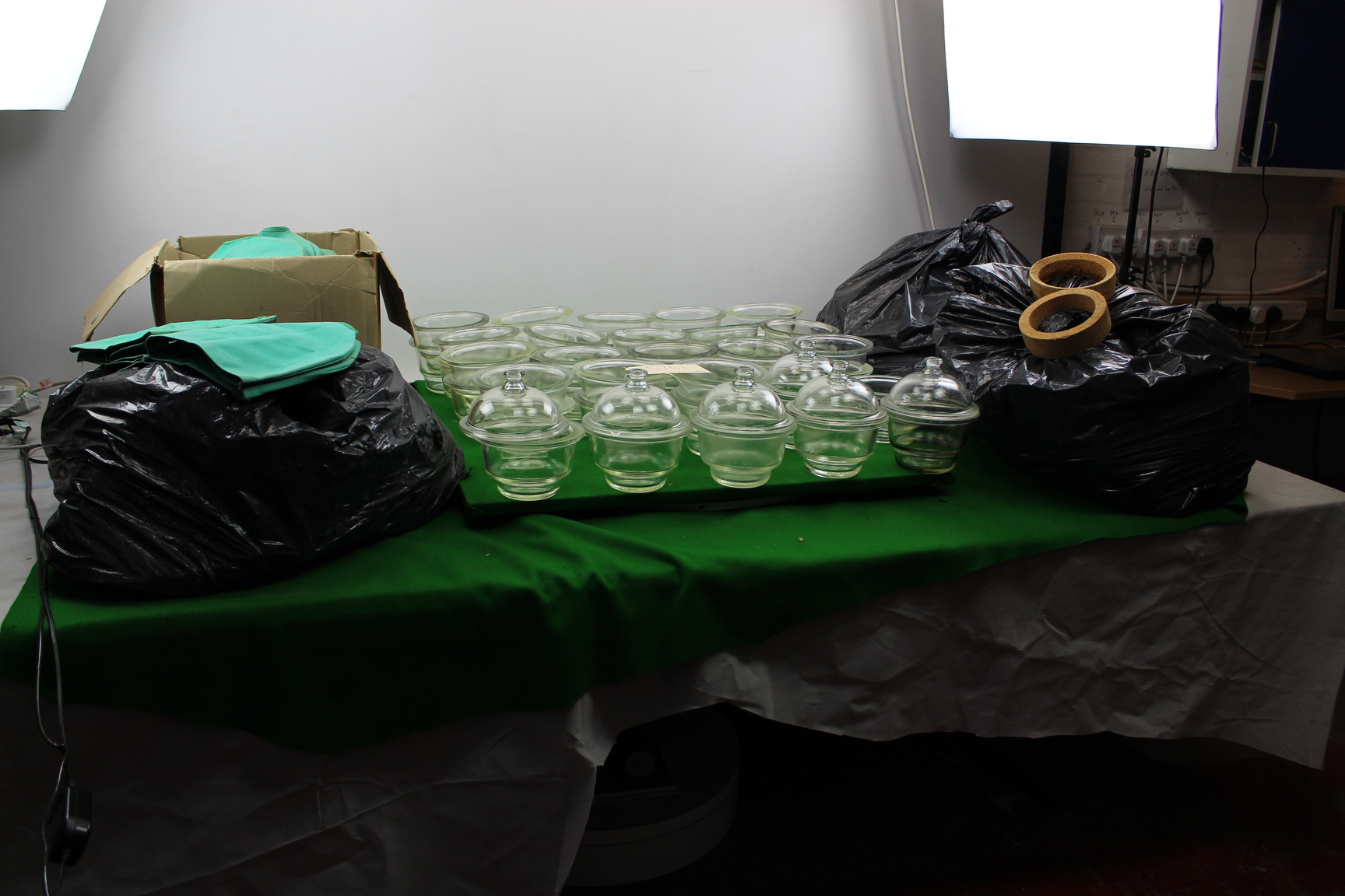 Image of Job Lot of Dessicating Equipment 43 Glass Jars 6 Lids 4 Black Bags Cork & Covers