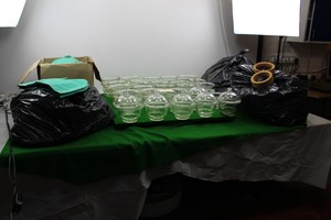 Thumbnail image of Job Lot of Dessicating Equipment 43 Glass Jars 6 Lids 4 Black Bags Cork & Covers