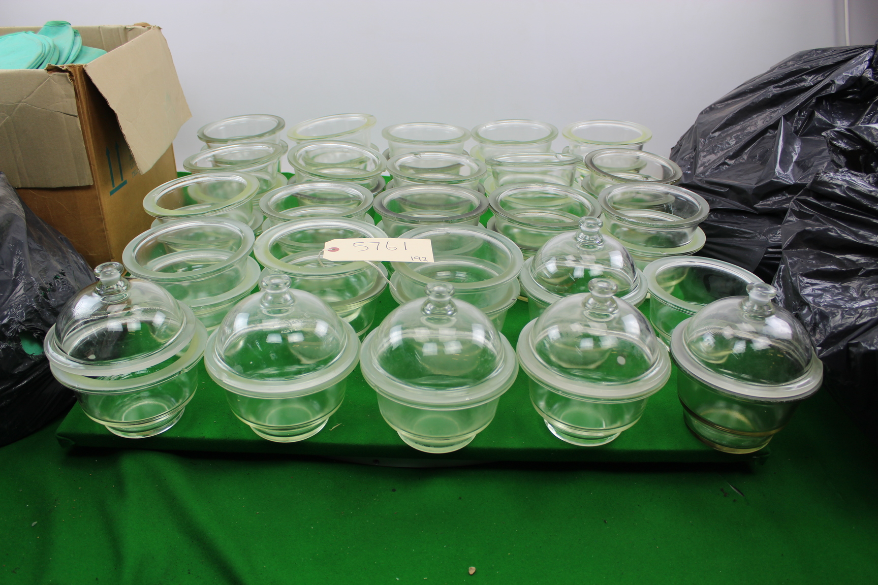 Image of Job Lot of Dessicating Equipment 43 Glass Jars 6 Lids 4 Black Bags Cork & Covers