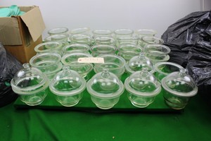 Thumbnail image of Job Lot of Dessicating Equipment 43 Glass Jars 6 Lids 4 Black Bags Cork & Covers