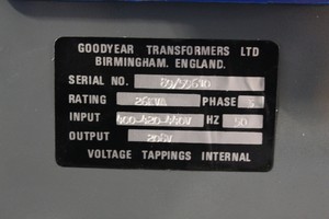 Thumbnail image of Goodyear Transformers 440V to 208V 26kVA 26kW 50Hz three phase transformer power