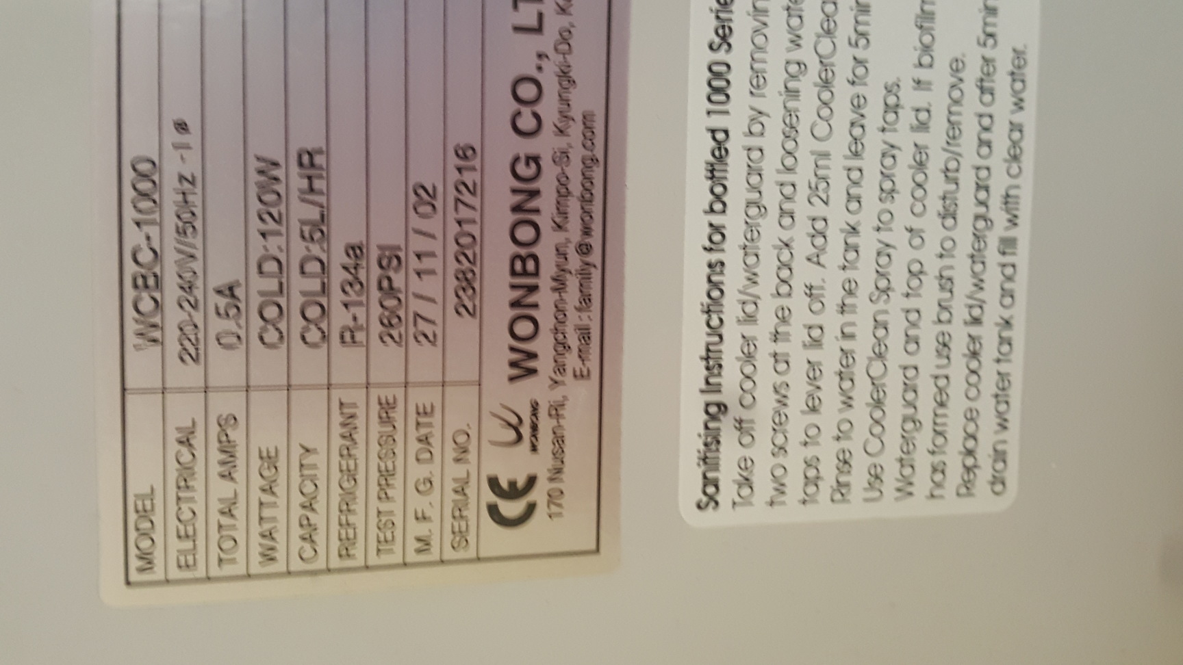 Image of Wonbong WCBC-1000 Water Cooler Mains Supply Chilled Water Dispenser 