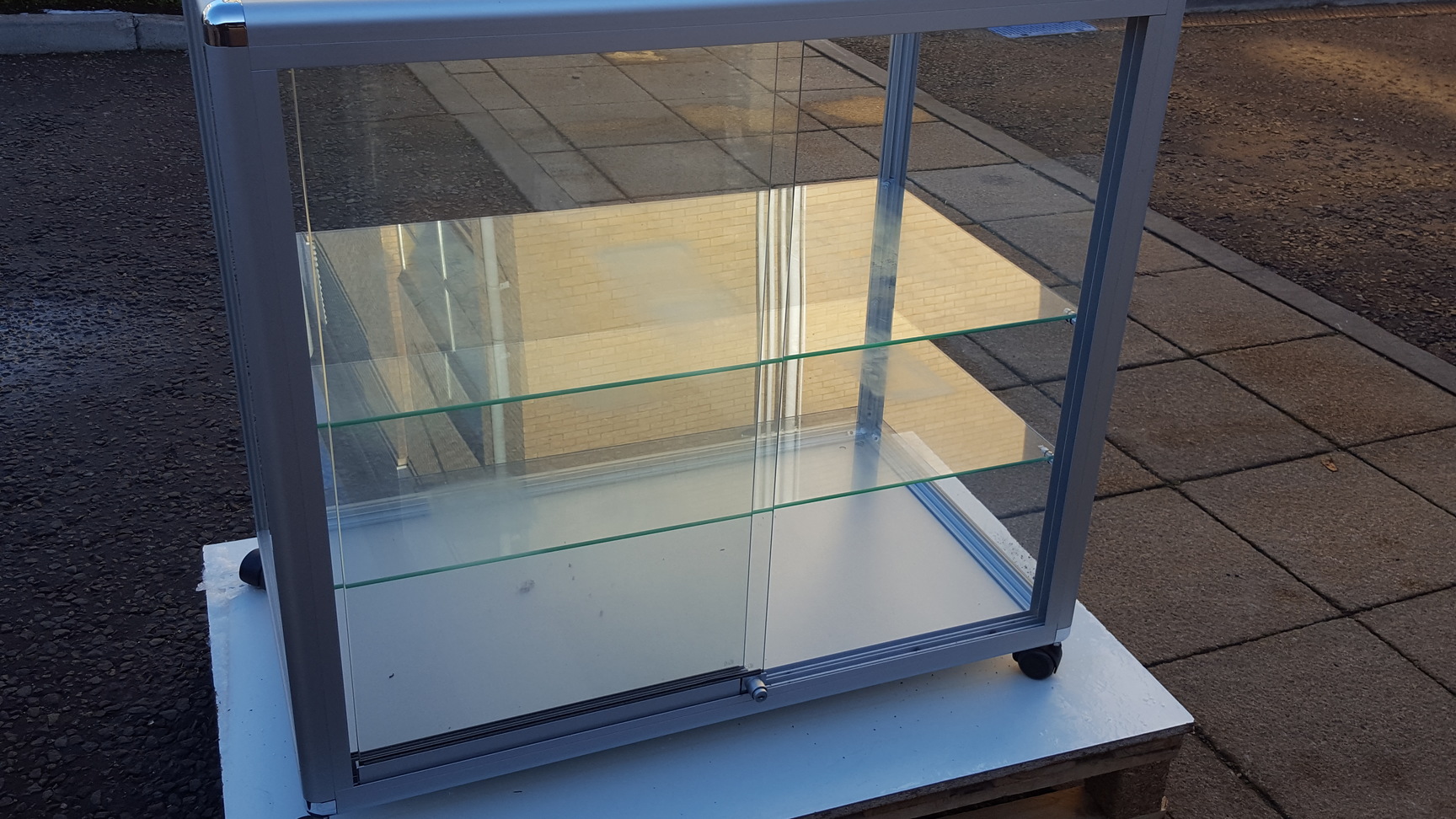 Image of Superb Glass Display Cabinet on Wheels with Glass Shelves Large