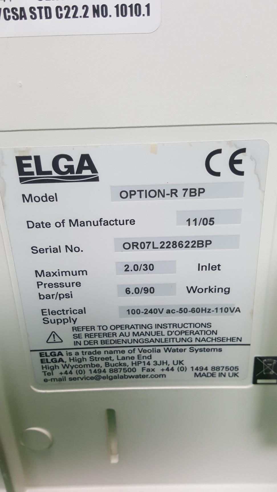 Image of Elga Purelab Option R 7 BP Water Purifier Purification Unit Lab