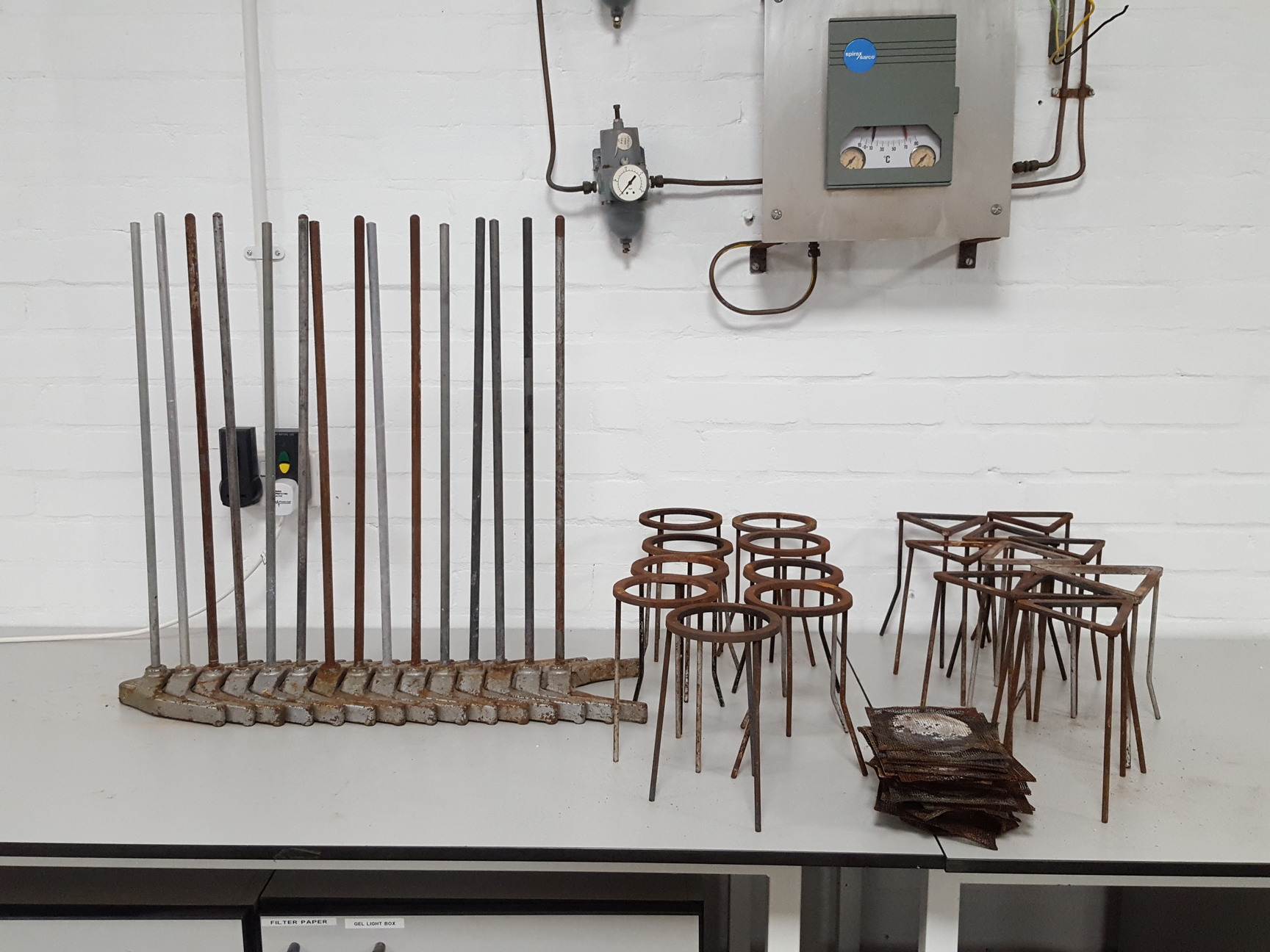 Image of Lot of Teaching Lab Chemistry Bunsen Burner Holders, Tripods, Heat Shields etc.