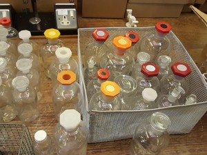 Thumbnail image of Large lot of Lab Glassware, Bottles, Test Tubes Measuring Cylinders Racks Flasks