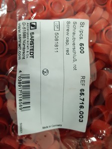 Thumbnail image of 7x Sarstedt Red Screw Cap Bags (500 pcs each) Ref 65.716.003, 3500 units Lab