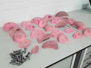 Thumbnail image of Lot of 25 Pink Bouldering / Rock Climbing Grips Hand / Foot - With Bolts
