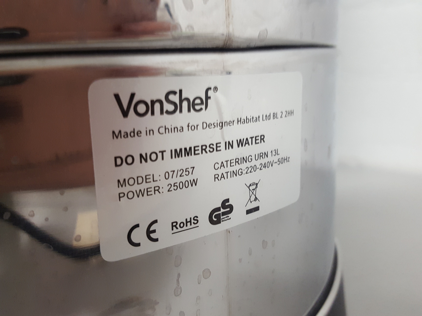 Image of VonShef 13L 2500W 07/257 Catering Urn Hot Water Dispenser 