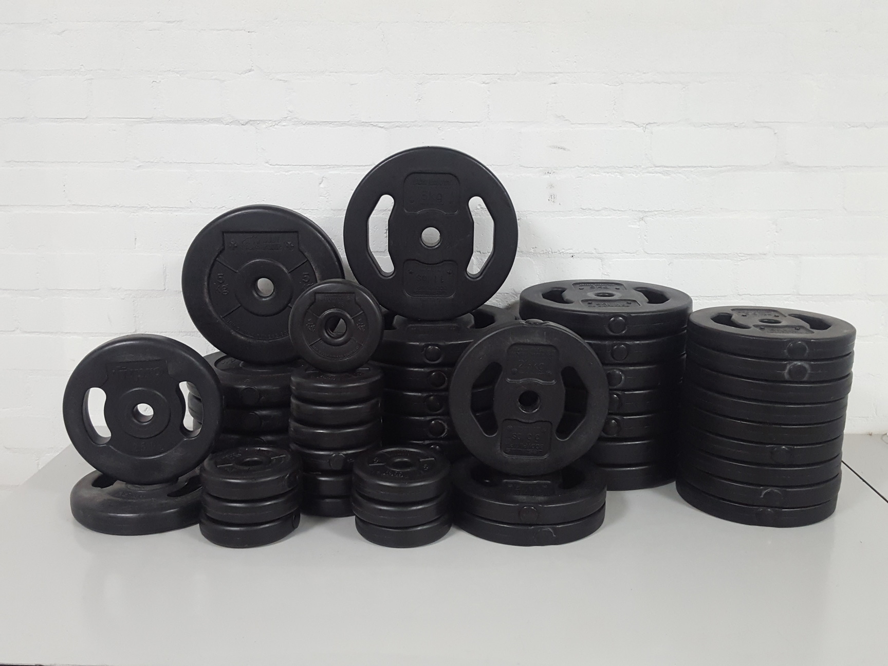 Image of 143kg Studio Weight Plates Dance / Aerobics + 7 Barbells & Barbell Rack