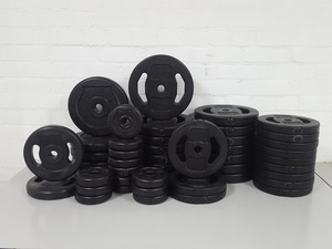 Thumbnail image of 143kg Studio Weight Plates Dance / Aerobics + 7 Barbells & Barbell Rack