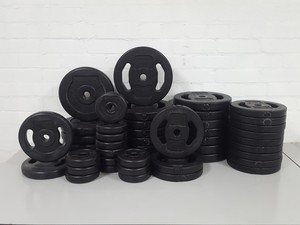 Thumbnail image of 143kg Studio Weight Plates Dance / Aerobics + 7 Barbells & Barbell Rack
