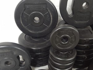 Thumbnail image of 143kg Studio Weight Plates Dance / Aerobics + 7 Barbells & Barbell Rack