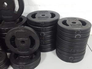Thumbnail image of 143kg Studio Weight Plates Dance / Aerobics + 7 Barbells & Barbell Rack