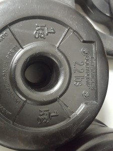 Thumbnail image of 143kg Studio Weight Plates Dance / Aerobics + 7 Barbells & Barbell Rack