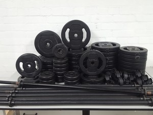 Thumbnail image of 143kg Studio Weight Plates Dance / Aerobics + 7 Barbells & Barbell Rack