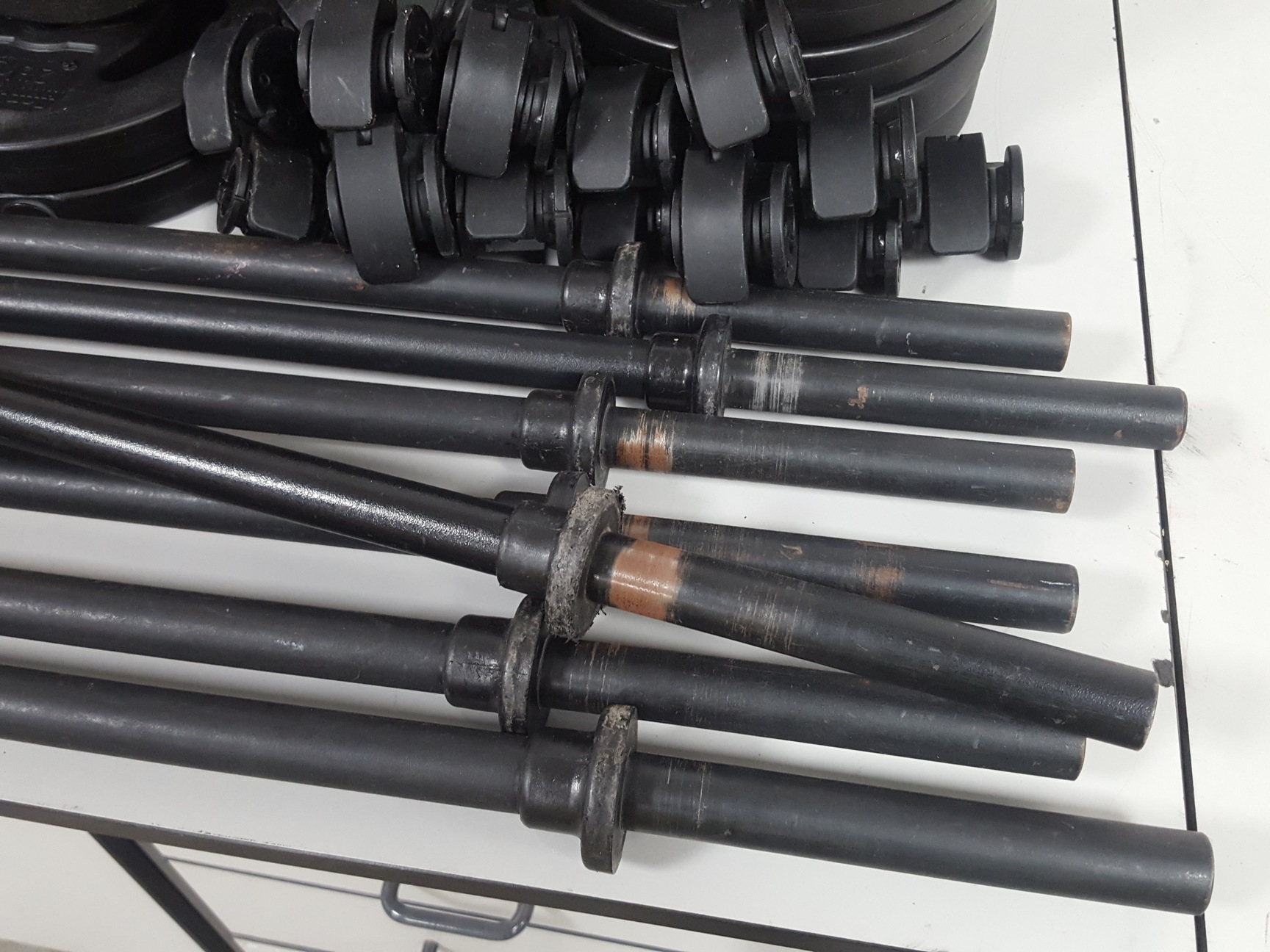 Image of 143kg Studio Weight Plates Dance / Aerobics + 7 Barbells & Barbell Rack