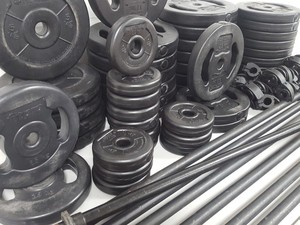 Thumbnail image of 143kg Studio Weight Plates Dance / Aerobics + 7 Barbells & Barbell Rack