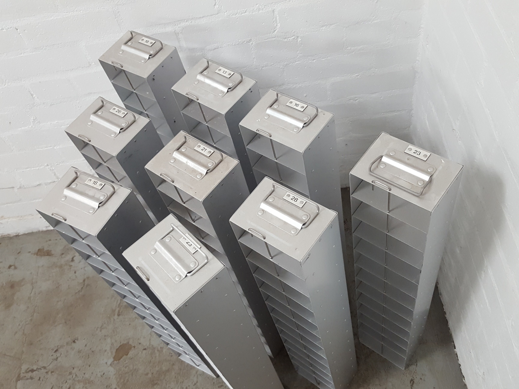 Lot of 9 Aluminium 80 Freezer Storage Racks Lab