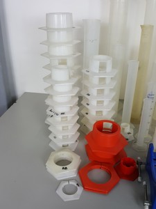 Thumbnail image of Large Lot of Plastic Graduated Cylinders, Beakers, Bases & Other Misc Lab Items