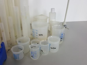 Thumbnail image of Large Lot of Plastic Graduated Cylinders, Beakers, Bases & Other Misc Lab Items